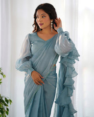 Gorgeous Sky Blue Jimmy Choo Organza Silk With Ruffle Pre Draped Saree
