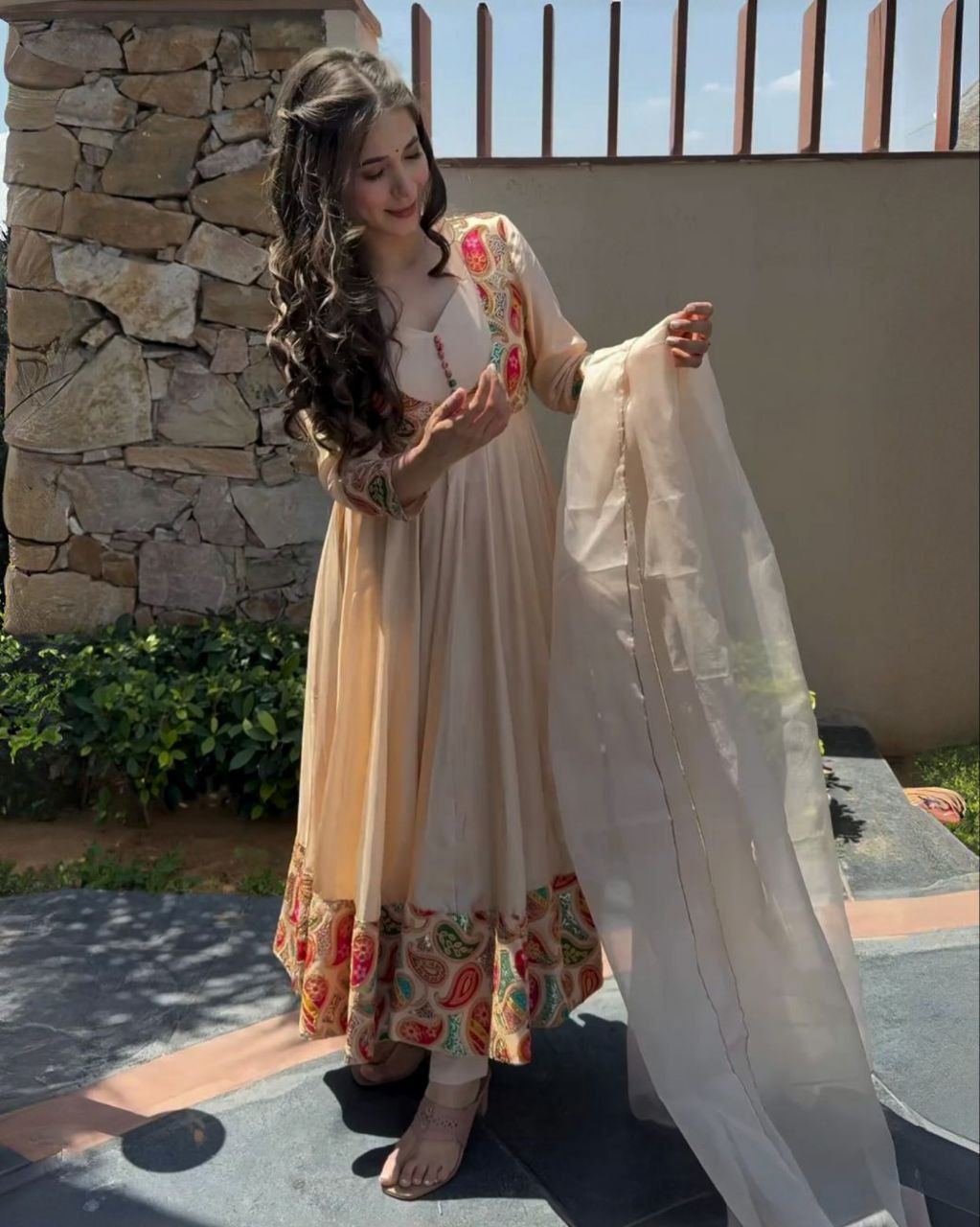 Ready To Wear Peach Roman Silk With Fancy Embroidery Thread Work Anarkali Gown Suit With Dupatta