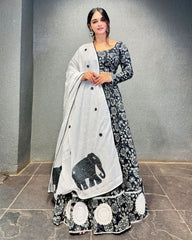 Navratri Special Black-White Butter Silk Digital Printed Lehenga Choli With Dupatta