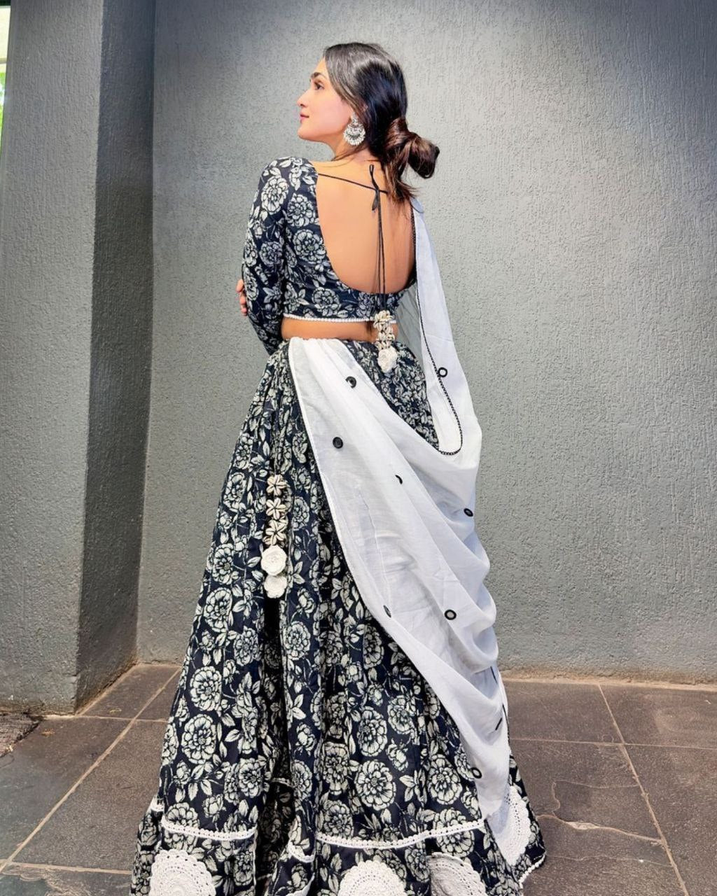 Navratri Special Black-White Butter Silk Digital Printed Lehenga Choli With Dupatta