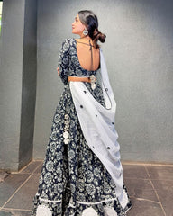 Navratri Special Black-White Butter Silk Digital Printed Lehenga Choli With Dupatta