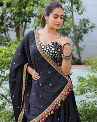 Navratri Special Black Muslin Silk Mirror Work Lehenga Choli With Dupatta