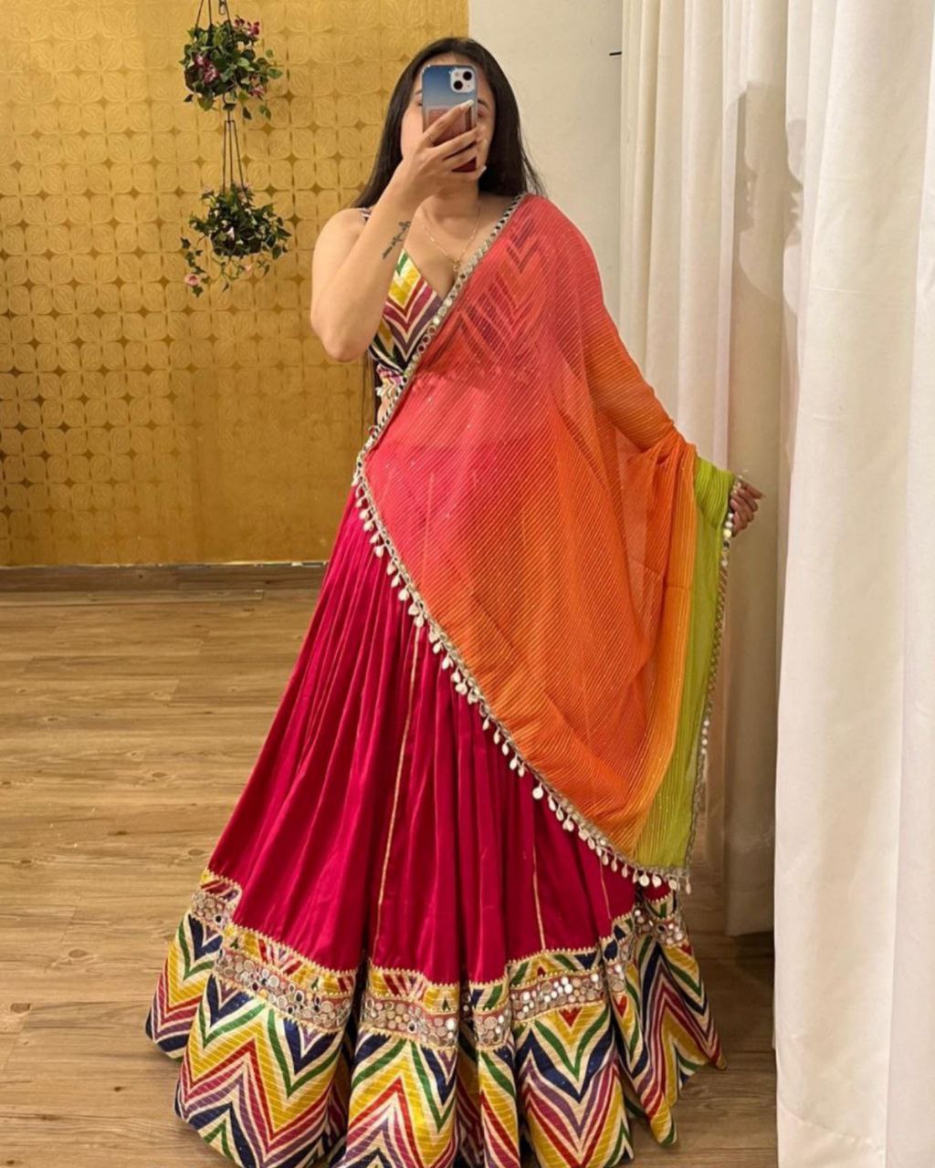 Navratri Special Red Muslin Cotton Multi Printed Lehenga Choli With Dupatta