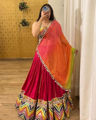 Navratri Special Red Muslin Cotton Multi Printed Lehenga Choli With Dupatta