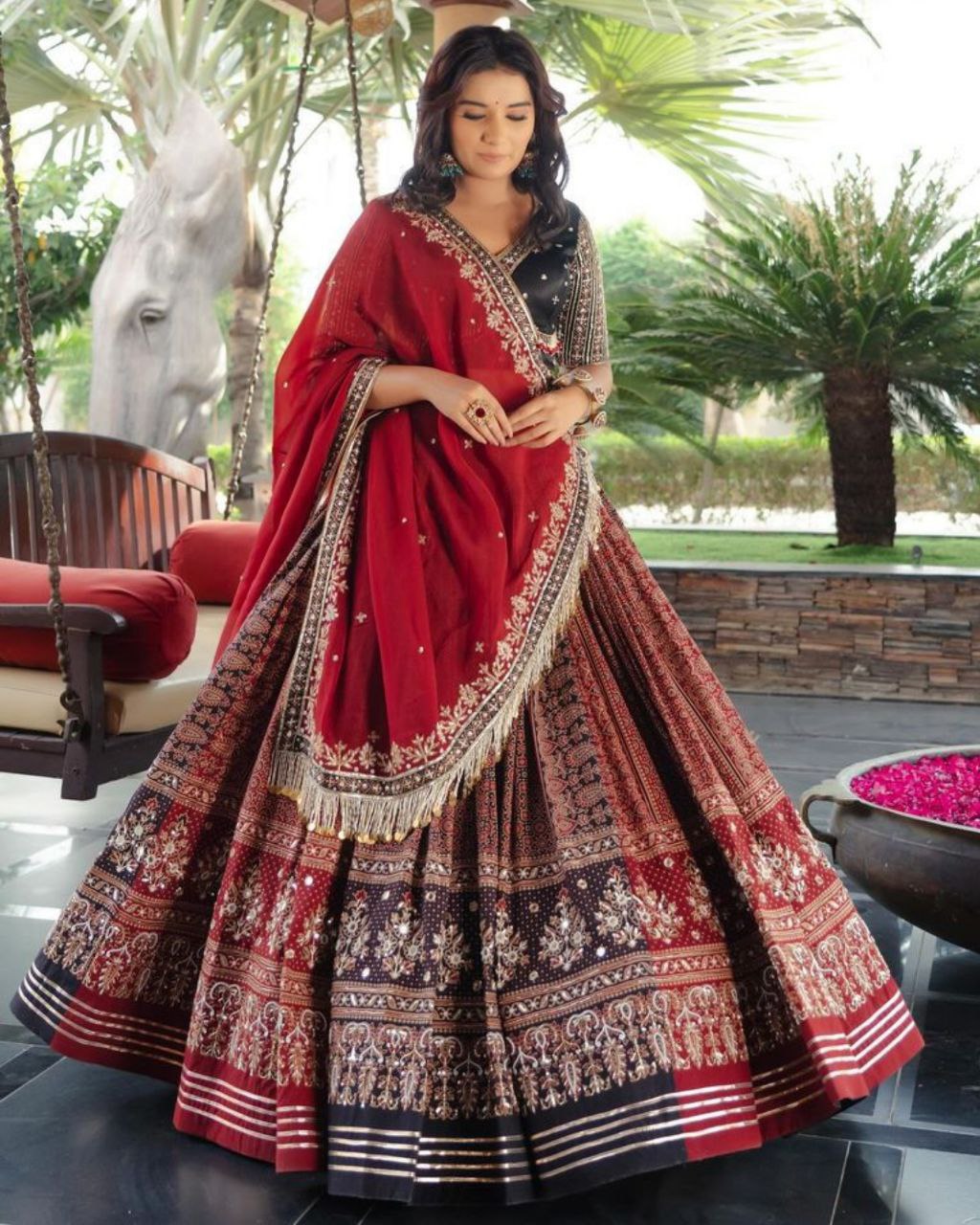 Navratri Special Red-Black Muslin Cotton Gota Patti Work Lehenga Choli With Dupatta