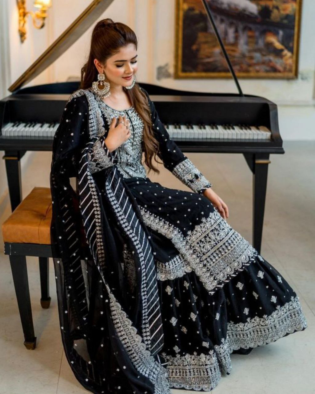 Gorgeous Black Pure Georgette With Sequence Work Gharara Suit With Dupatta
