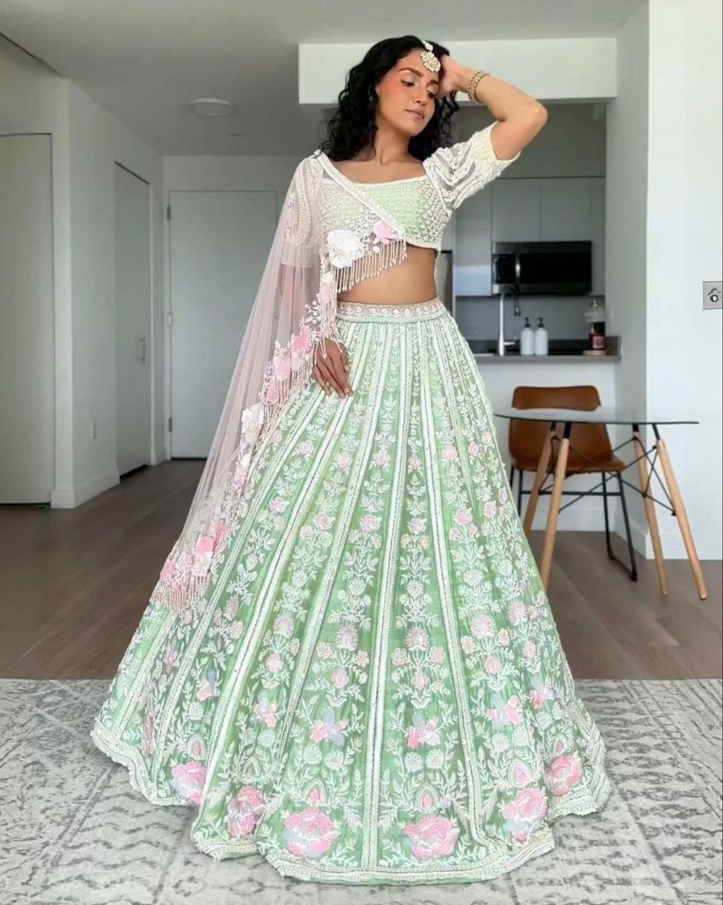 Adorable Green Mono Banglori With Fancy Sequence Work Lehenga Choli With Dupatta