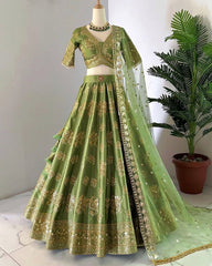 Beautiful Green Chinon Silk With Fancy Sequence Work Lehenga Choli With Dupatta