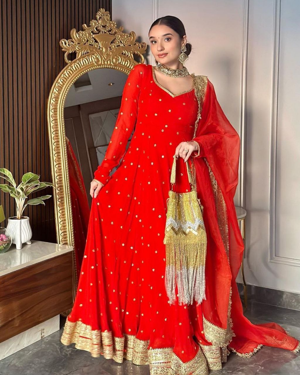 Adorable Red Pure Georgette With Sequence Work Gown Suit With Dupatta