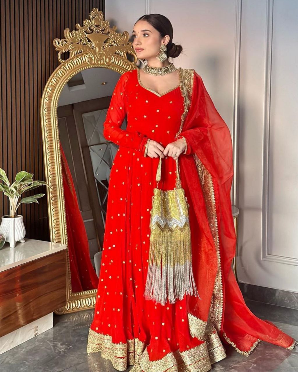 Adorable Red Pure Georgette With Sequence Work Gown Suit With Dupatta