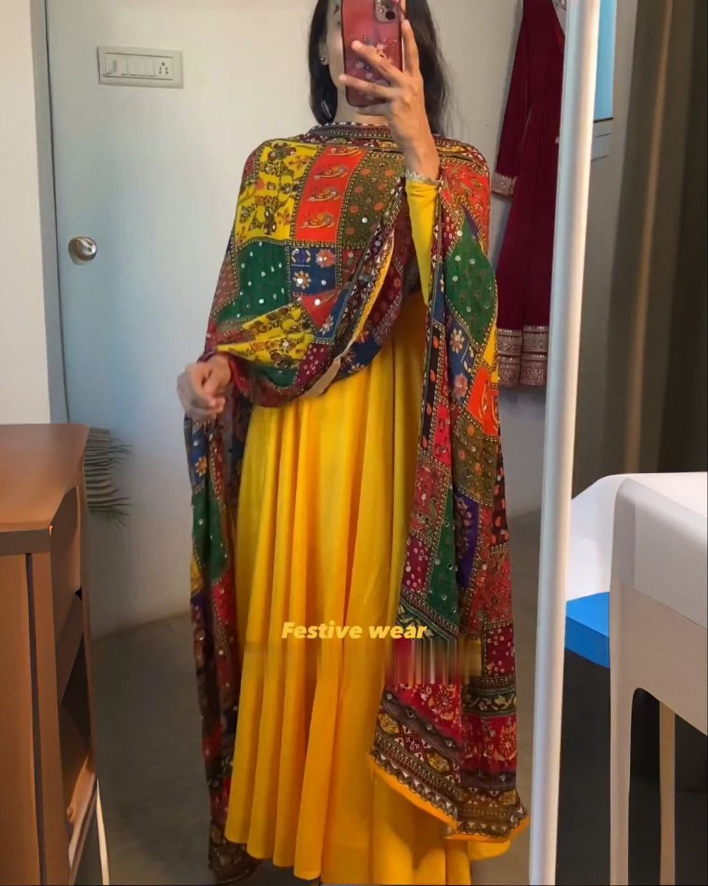 Beautiful Yellow Malai Silk With Digital Print With Real Mirror Work Gown Suit With Dupatta