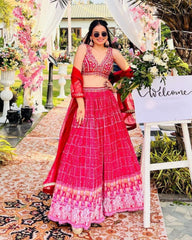 Designer Rani Pink Heavy Satin Embroidery Work Lehenga Choli With Dupatta