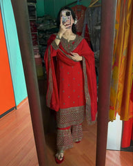 Gorgeous Red Chinon Silk With Sequence Work Plazo Suit With Dupatta