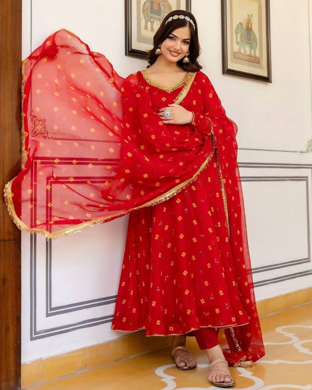 Ready To Wear Red Pure Georgette With Fancy Embroidery Thread Work Gown Suit With Dupatta