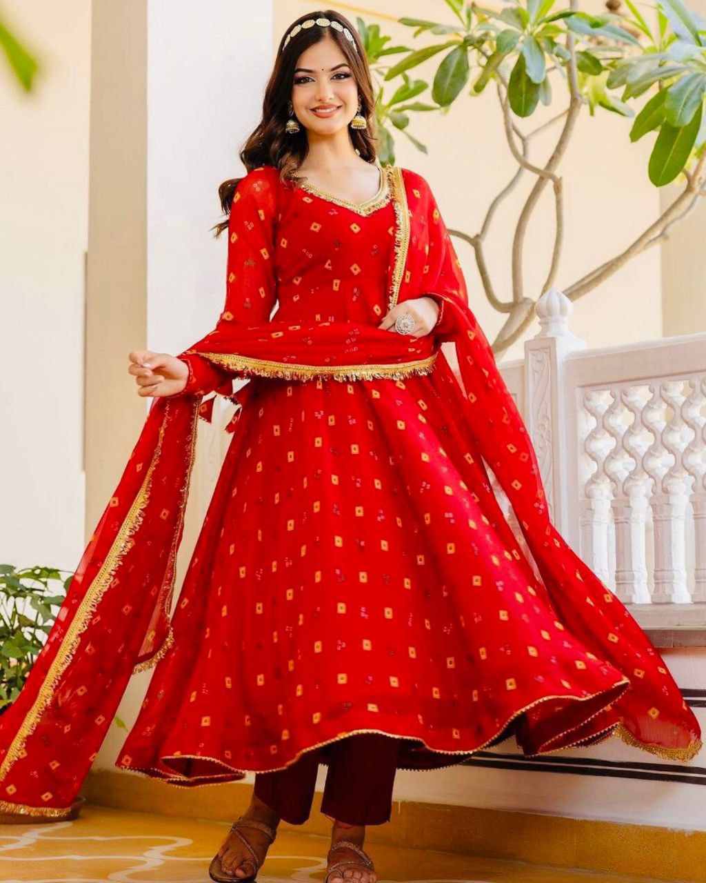 Ready To Wear Red Pure Georgette With Fancy Embroidery Thread Work Gown Suit With Dupatta