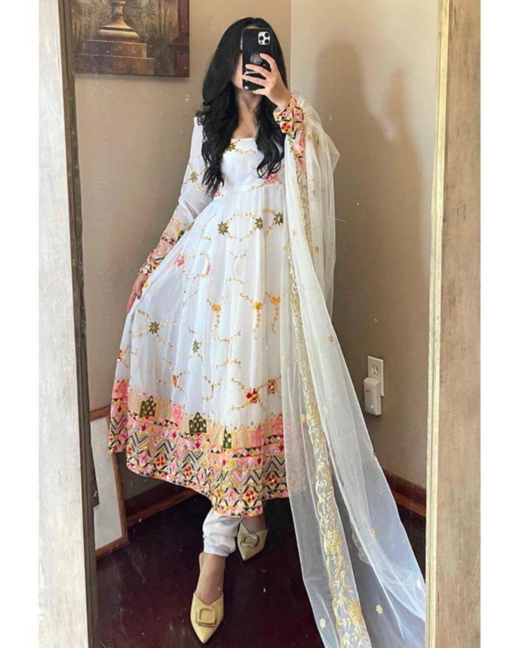 Designer White Georgette Embroidery Work Anarkali Suit With Dupatta