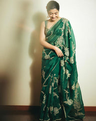 Beautiful Green Organza Silk With Fancy Embroidery Thread Work Saree