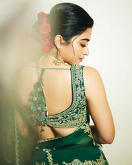 Beautiful Green Organza Silk With Fancy Embroidery Thread Work Saree