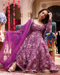 Beautiful Purple Pure Georgette With Fancy Embroidery Thread Work Gown Suit With Dupatta