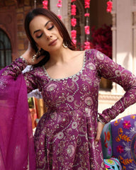 Beautiful Purple Pure Georgette With Fancy Embroidery Thread Work Gown Suit With Dupatta