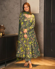 Beautiful Green Satin Silk With Digital Print Gown Suit With Dupatta