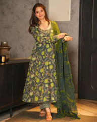 Beautiful Green Satin Silk With Digital Print Gown Suit With Dupatta