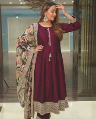 Beautiful Wine Chinon Silk With Fancy Embroidery Thread Work Gown Suit With Dupatta