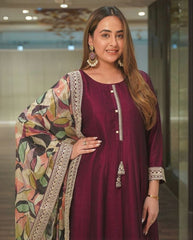 Beautiful Wine Chinon Silk With Fancy Embroidery Thread Work Gown Suit With Dupatta