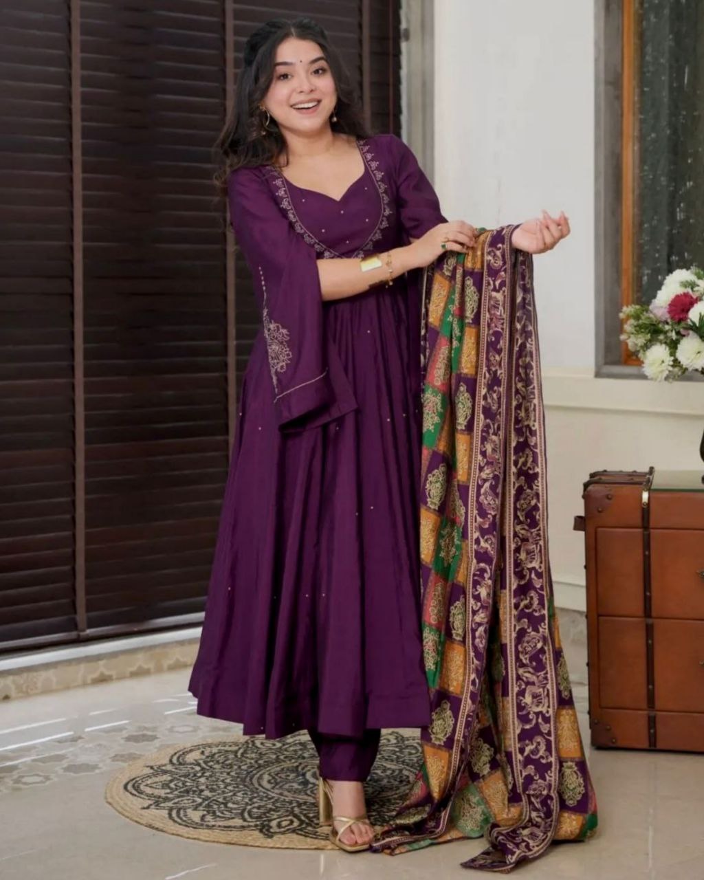 Elegant Purple Chinon Silk With Sequence Work Gown Suit With Dupatta