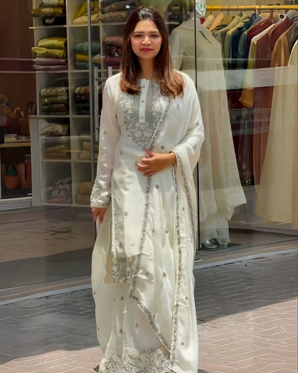 Dazzling Pure Georgette With Fancy Embroidery Thread Work Plazo Suit With Dupatta