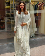 Dazzling Pure Georgette With Fancy Embroidery Thread Work Plazo Suit With Dupatta