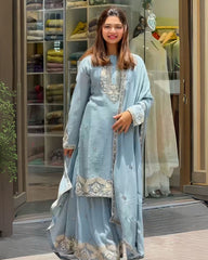 Dazzling Pure Georgette With Fancy Embroidery Thread Work Plazo Suit With Dupatta