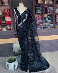 Dazzling Black Organza Silk With Fancy Embroidery Thread With Sequence Work Saree