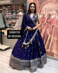 Beautiful Blue Faux Georgette With Embroidery Thread Work Lehenga Choli  With Dupatta