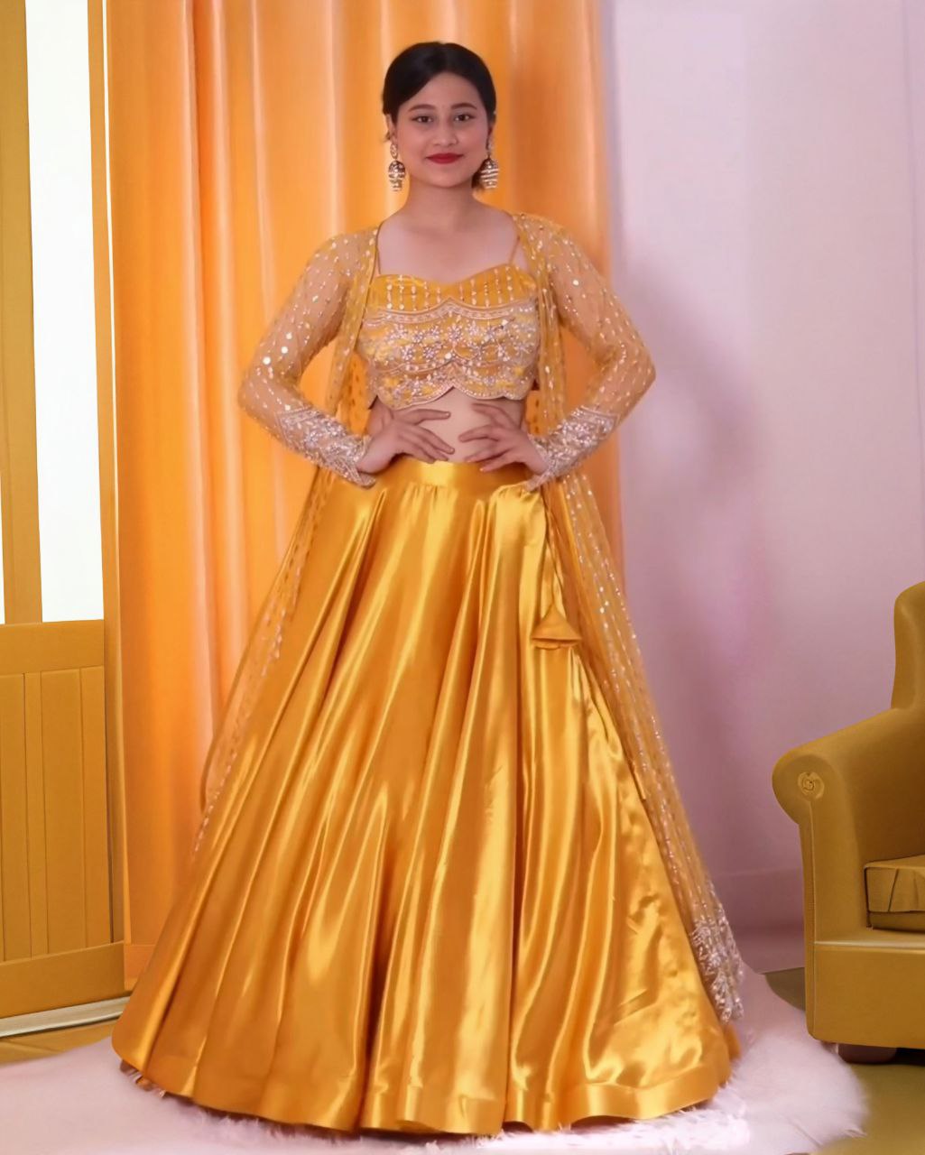 Beautiful yellow Japan Satin Silk With Fancy Sequence Work Lehenga Choli With Dupatta