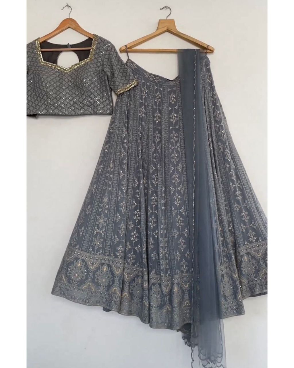 Adorable Grey Faux Georgette With Embroidery Thread Work Lehenga Choli With Dupatta