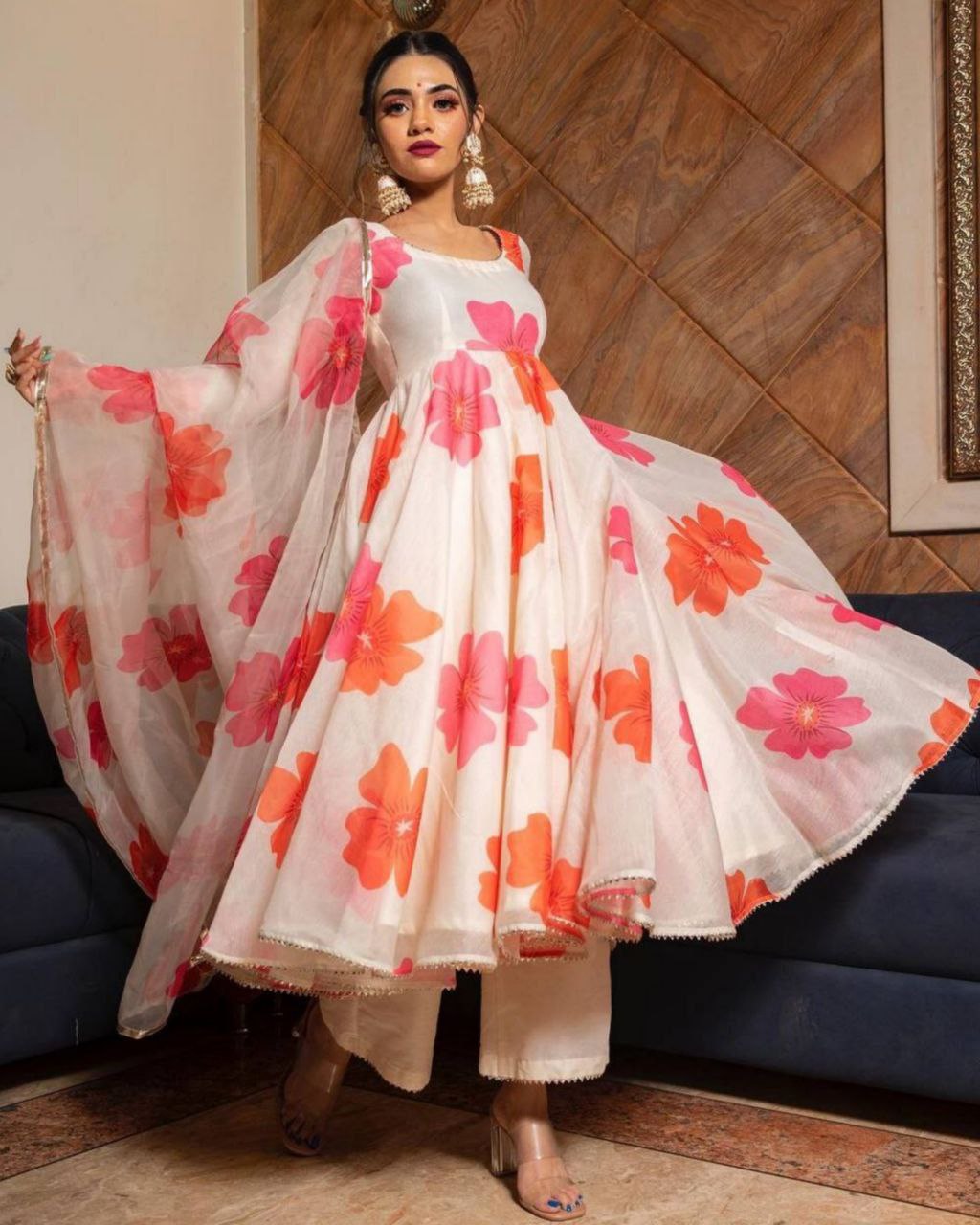 Designer Cream Soft Organza Floral Printed Anarkali Suit With Dupatta