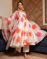 Designer Cream Soft Organza Floral Printed Anarkali Suit With Dupatta