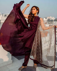 Designer Wine Heavy Satin Anarkali Suit With Net Dupatta