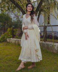 Gorgeous Cream Pure Georgette With Sequence Work Anarkali Suit With Dupatta