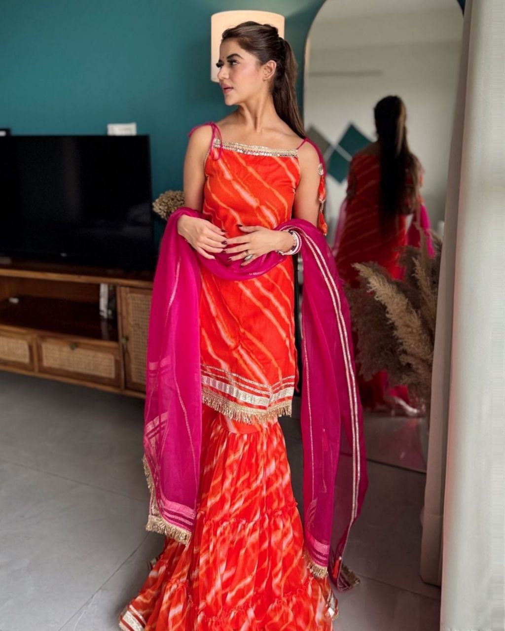 Beautiful Orange Pure Georgette With Sequence Work Gharara Suit With Dupatta