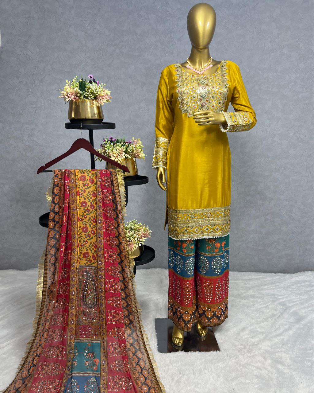 Trending Yellow Chinon Silk With Sequence Work Plazo Suit With Dupatta