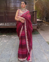 Trending Maroon Organza Silk With Embroidery Thread Work Saree