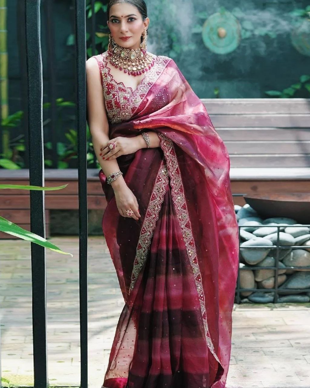 Trending Maroon Organza Silk With Embroidery Thread Work Saree