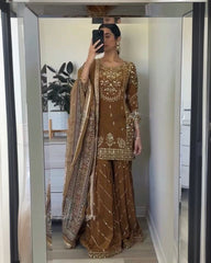 Beautiful Brown Chinon Silk With Fancy Embroidery Thread Work Gharara Suit With Dupatta