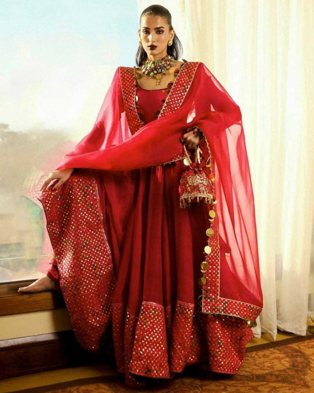 Adorable Red Pure Georgette With Sequence Work Gown Suit With Dupatta