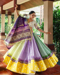 Navratri Special Multi Muslin Cotton Gota Patti Work Lehenga Choli With Purple Dupatta