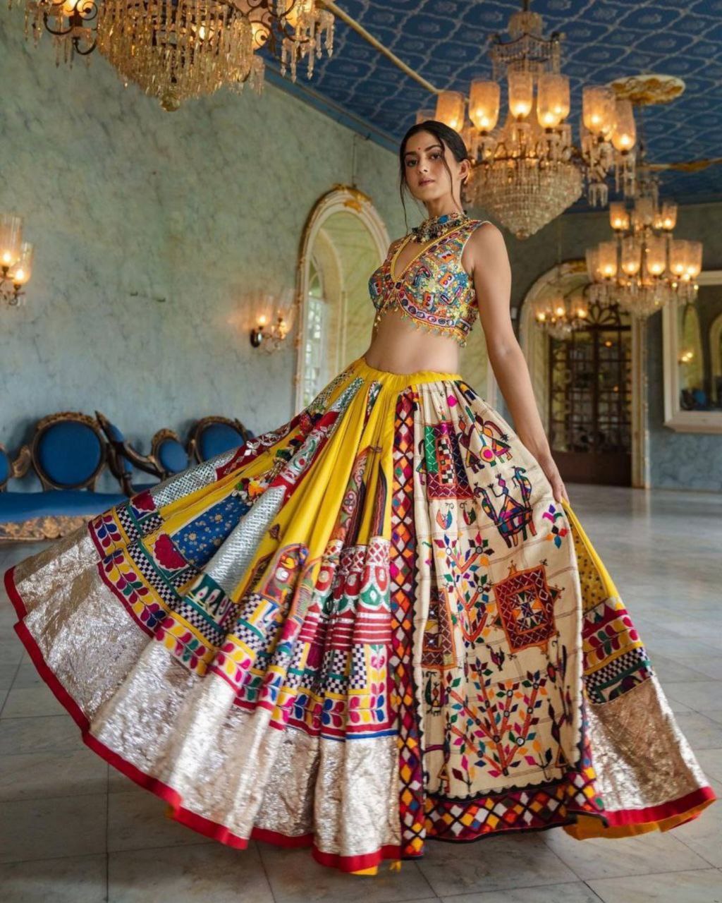 Navratri Special Yellow Butter Silk Multi Printed Lehenga Choli With Green Dupatta