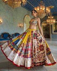 Navratri Special Yellow Butter Silk Multi Printed Lehenga Choli With Green Dupatta