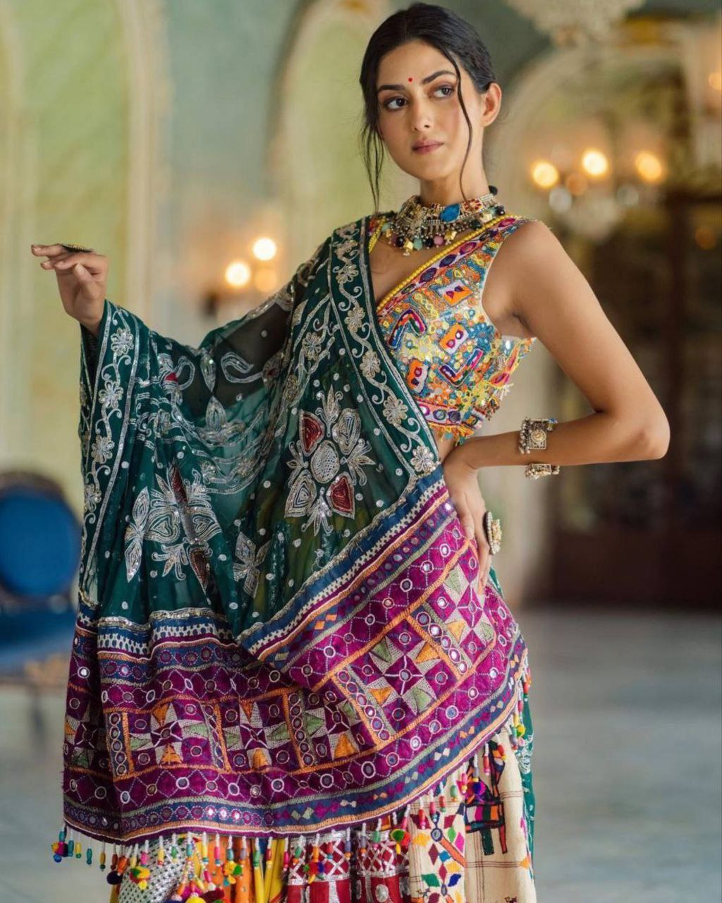 Navratri Special Yellow Butter Silk Multi Printed Lehenga Choli With Green Dupatta